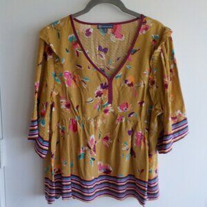 Democracy Blouse Medium Boho Ruffle Floral Rayon (698)